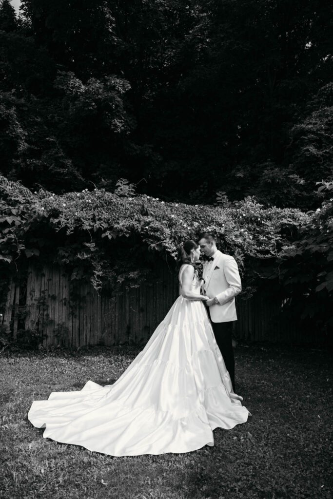 black and white wedding couple portrait in garden setting Long Island wedding photography