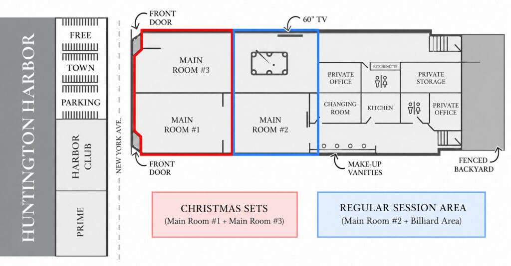 Map of Coastal Creative Studios showing Christmas sets and regular photo session areas during the holiday season