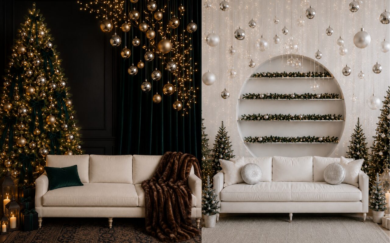 Two Christmas photo sets at Coastal Creative Studios, a Long Island photo studio in Huntington, NY
